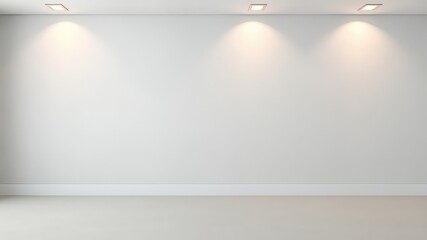 Minimalistic empty room interior with white textured wall, clean floor, baseboard, and contemporary square recessed lighting