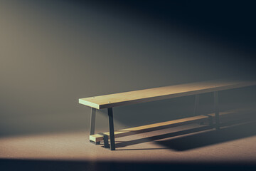  Wooden bench is sitting in a dark room. The room is dimly lit, and the bench is the only source of light. The bench is empty, and it seems to be waiting for someone to sit on it. 3d render