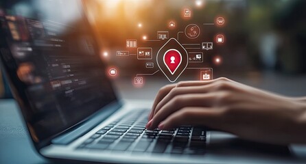 Close-up of hands typing on laptop, security icons overlay