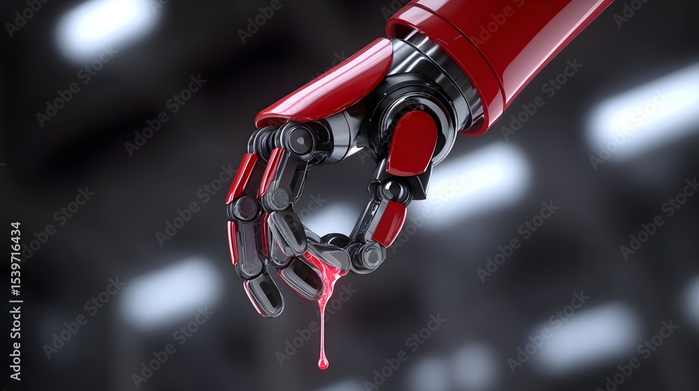Poster a red robotic arm equipped with advanced self-cleaning mechanisms, operating in a sleek, futuristic 