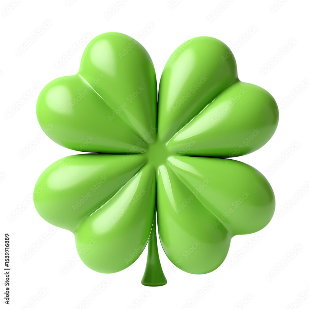 Poster close up of a shiny green four leaf clover isolated on transparent background