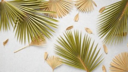 Fototapeta premium Green and tan palm leaves against a textured backdrop evokes a sense of natural calm and design with organic beauty