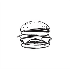 A hand-drawn sketch, classic black and white vector silhouette of a burger, on a white background.  Timeless and elegant, color sketchnote style, emphasizing smooth lines and subtle shading.eps