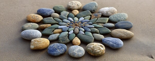 A mandala made of pebbles on the beach showcasing natural art and zen like arrangement of stones