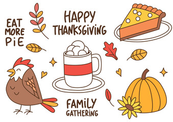 Happy Thanksgiving illustration with turkey, pumpkin pie, drink, leaves and family lettering, Flat Illustration