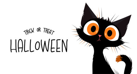 Funny black cat with big orange eyes and Halloween lettering on white background, Flat Illustration