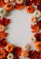 Fototapeta premium Autumnal frame of pumpkins and fall leaves on white background