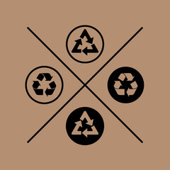 Minimalist vector illustration of a black recycling symbol on a brown background, representing eco-friendly and sustainable packaging. perfect for environmental campaigns and packaging design