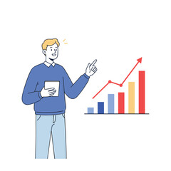 Man Presenting Business Growth Chart with Tablet, Financial Data and Market Analysis. Hand drawn style vector design illustrations.