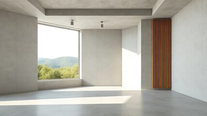 Fototapeta premium Minimalist building interior with ample natural light, modern design elements, and serene view of green hills and foliage.