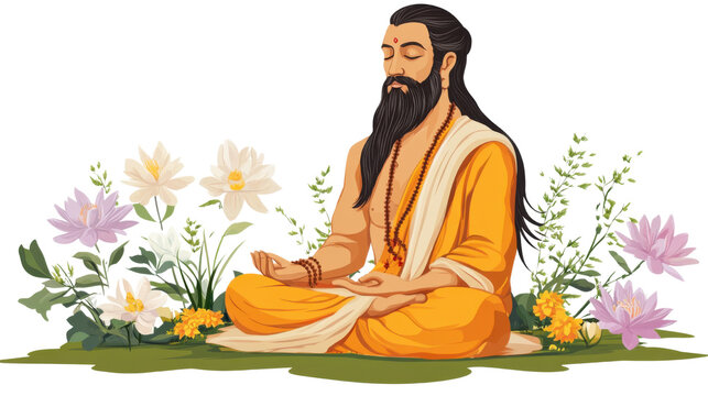 Spiritual illustration for Guru Purnima featuring sage Vyasa sitting in meditation pose isolated on white background