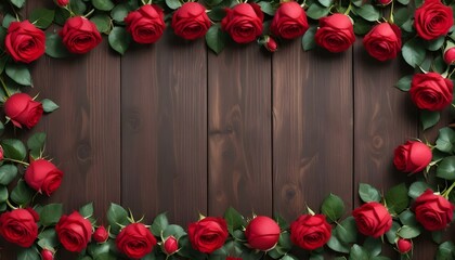 A stunning arrangement of red roses frames a rich, dark wooden backdrop, creating an elegant floral scene.