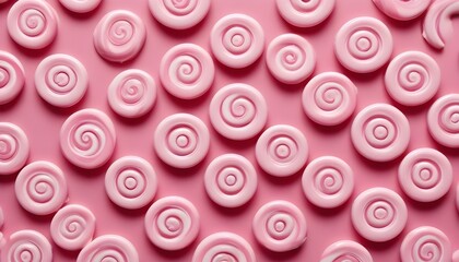 An overhead shot of charming pink swirl candies on a rose-colored backdrop.