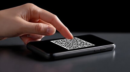 Close-up view of a person's hand scanning a QR code on a smartphone or other mobile device, facilitating a digital financial transaction.
