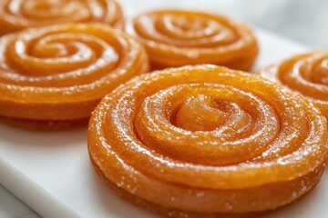 Fototapeta premium Sweet, golden, spiral-shaped Jalebi pastries arranged on a white surface.