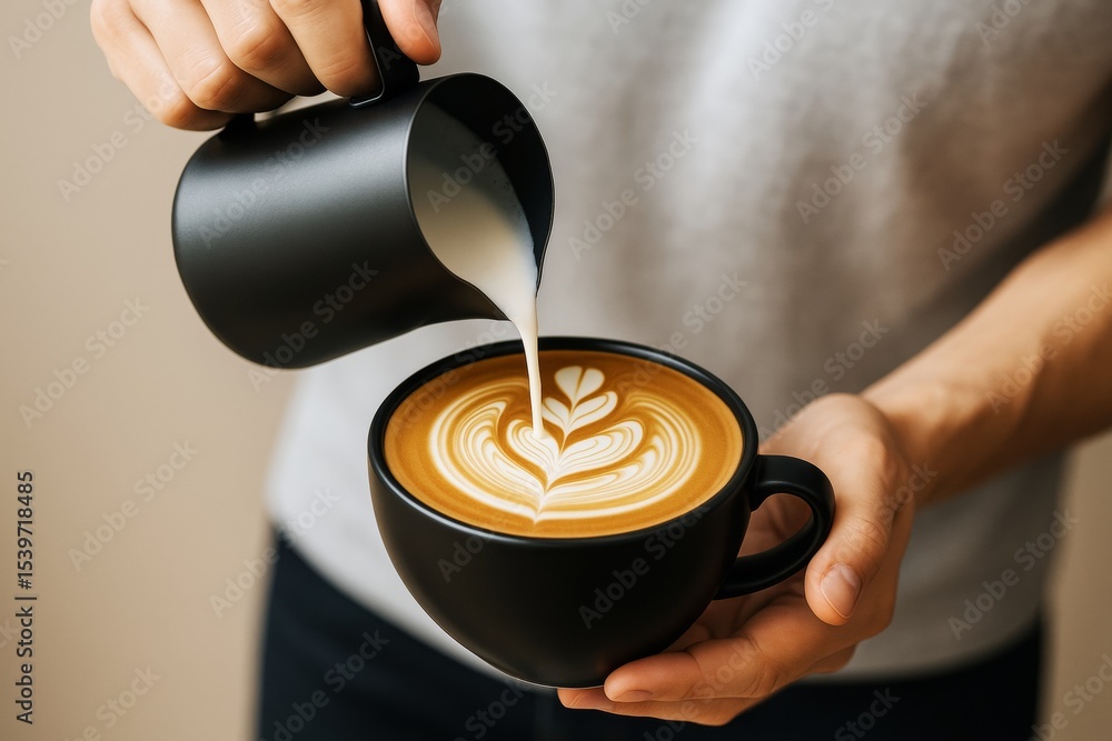 Aufkleber Barista pouring steamed milk into a black cup of coffee creating latte art with heart pattern on top, close-up view in soft light background. Ai generative.
