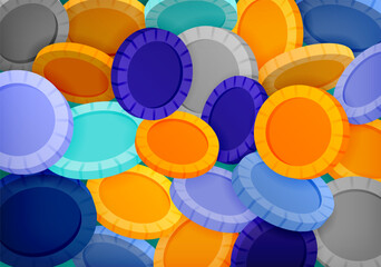 Colorful falling poker chips stacked in piles symbolizing banking savings, financial risk, casino style investment, and economic fortune in digital money strategy
