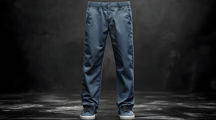 3D Render of Men's Dark Blue Chino Pants with Sneakers on Dark Background