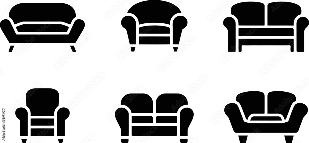 Poster a collection of six black sofa icons in a two by three grid layout on a white background design styl