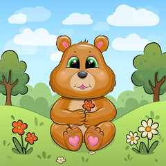 Cute Cartoon Brown Bear in Nature. Vector illustration of an animal with red and white flowers, grass and trees.