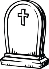 Gravestone Line Art Vector Illustration with Cross for Halloween or Memorial Designs