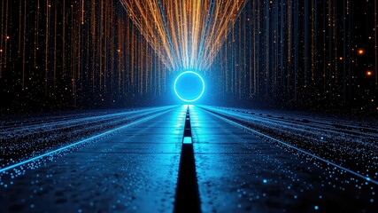 Illuminated path converging on a vibrant cyan circle portal amidst descending streaks of shimmering light and intricate patterns