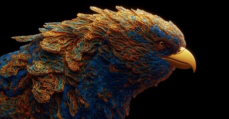 Abstract eagle artwork: Gold beak, blue and gold textured feathers, a symbol of majestic power.