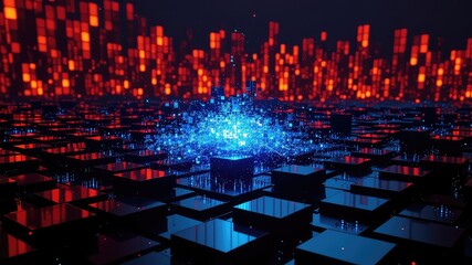Complex digital network showing interconnected data flow and processing with illuminated blocks and abstract connectivity