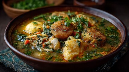 Eru soup with garri dish in a brown ceramic bowl