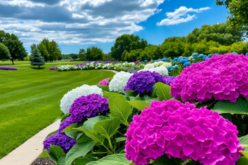 A flower bed with purple and white hydrangeas in the middle of a lush green field