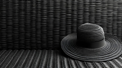Monochromatic Still Life: Black Hat on Woven Background - 3D Illustration