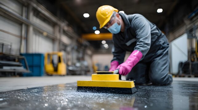 An industrial worker in protective gear scrubbing the floor and removing debris in a metal fabrication workshop, ensuring a clean and safe work environment.