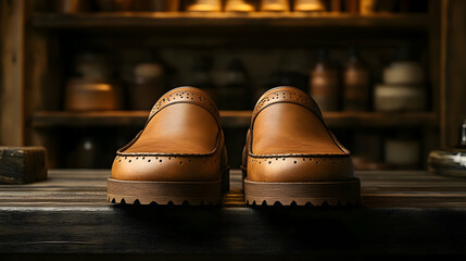 Elegant Brown Leather Men's Shoes 3D Illustration on Wooden Background