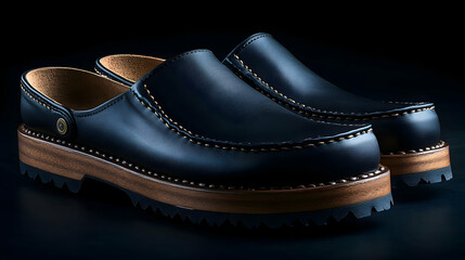 Elegant Dark Blue Leather Clogs with Wooden Soles - Product Photography