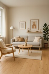 Scandinavian style living room with soft natural light. Cozy furniture includes a gray sofa and wooden armchair