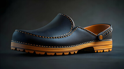 Elegant Black Leather Clog with Wooden Sole 3D Render
