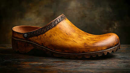 Rustic Wooden Clog Shoe Product Photography -  Detailed Image of a Handcrafted Brown Leather Clog on Dark Wood
