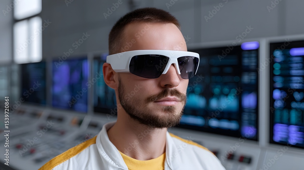 Poster a man wearing augmented reality glasses, standing in a high-tech control room with multiple digital 