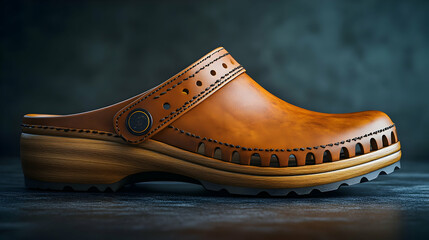 3D Render of a Brown Leather Clog Shoe with Wooden Sole