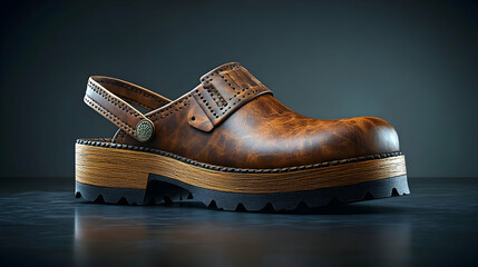 Brown Leather Clog 3D Render - Stylish Platform Shoe with Wooden Sole