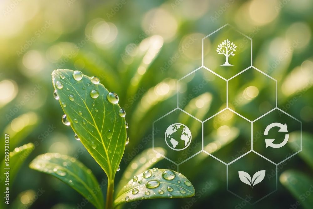 Poster dew-covered green leaf with eco icons on a blurred natural background symbolizing sustainability and