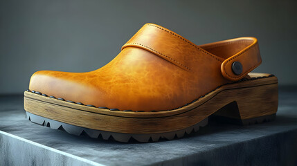 3D Render of Stylish Tan Leather Clog with Wooden Platform