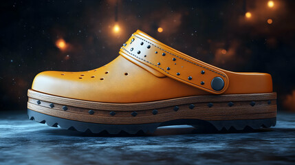 Stylish Orange Leather Clog 3D Render, Wooden Platform, Boho Chic Footwear Illustration