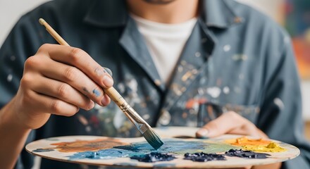 Obraz premium Close-Up of Artist's Hand Mixing Blue and Orange Acrylic Paint on a Wooden Palette