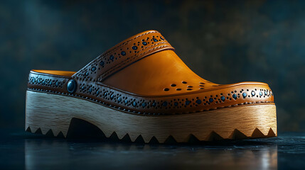 Stylish Tan Leather Clog with Wooden Platform- 3D Illustration