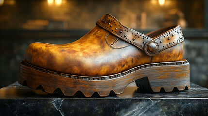 3D Render of Distressed Brown Leather Platform Clog Shoe