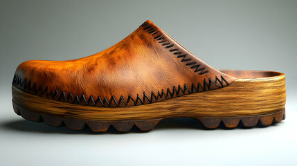 3D Render of a Stylish Brown Leather and Wood Clog