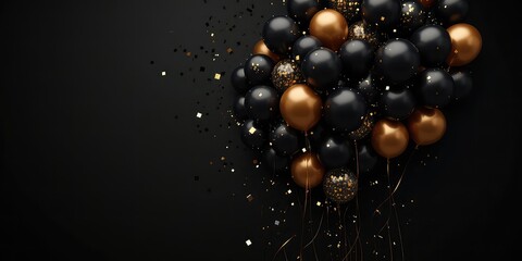 Fototapeta premium Lustrous Celebration A Cascade of Glossy Balloons with Golden Confetti Against a Dark, Luxurious Backdrop
