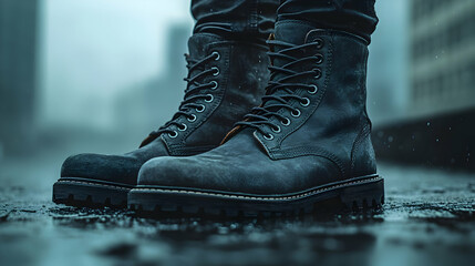 Dark Leather Boots in the Rain - Realistic Photo