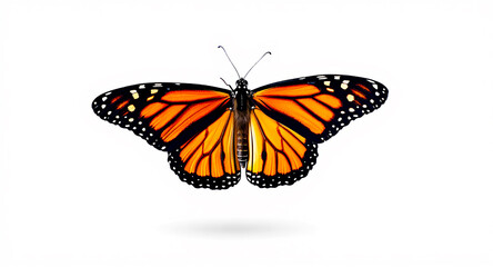 Fototapeta premium Butterfly isolated on white background with orange and black wings flying close up.